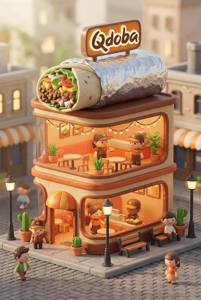 Chibi-style miniature concept store of Qdoba